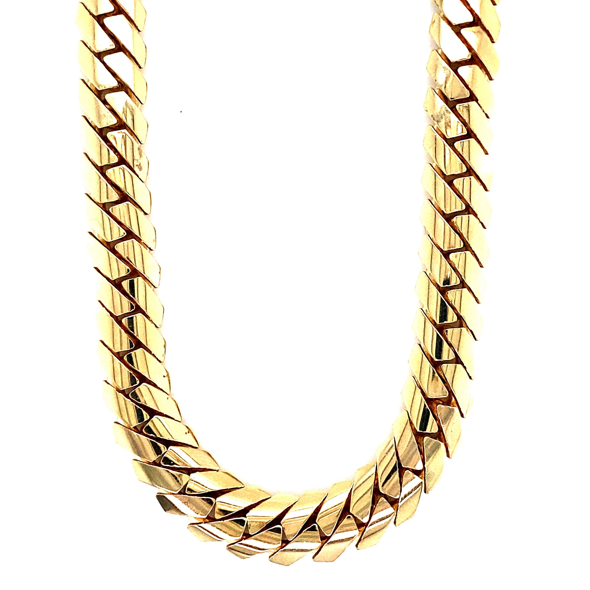 A tight linked cuban link chain. 10MM; 14 karat yellow gold.