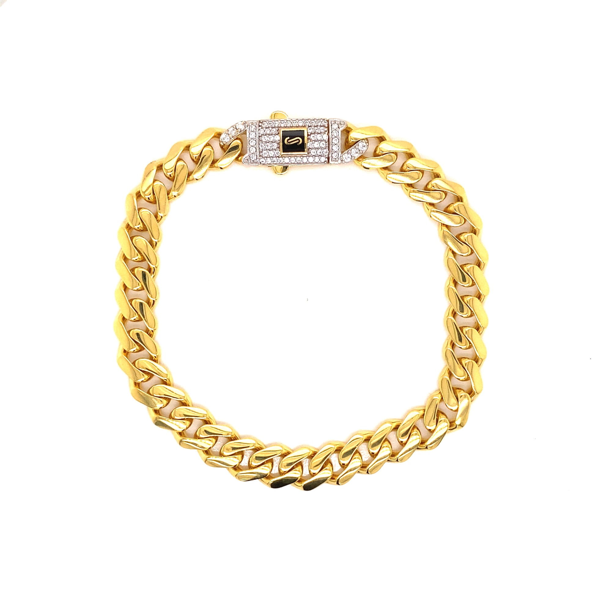 Secured push lock is made with white crystals and is based on 14k semi-gold.