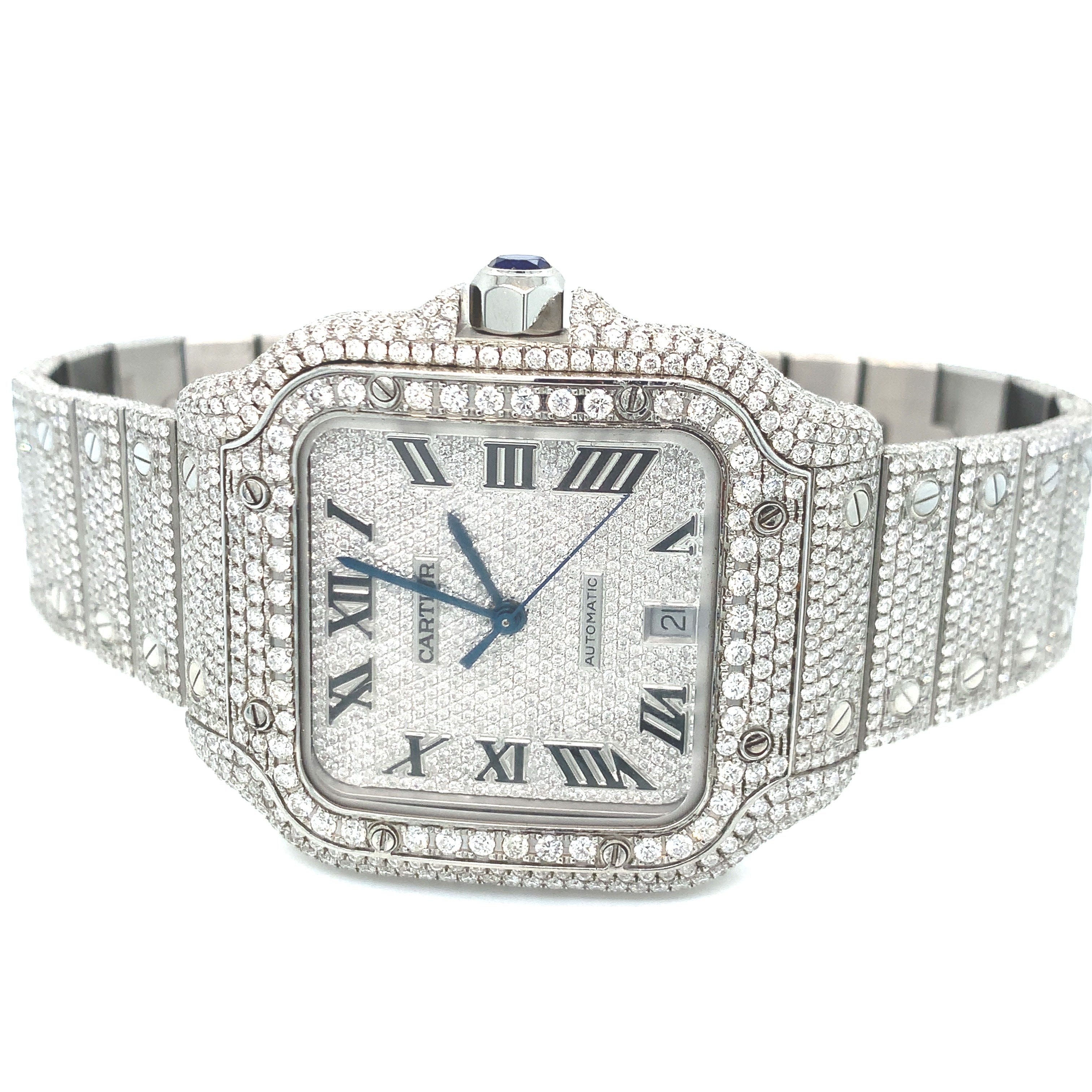 Iced Out Cartier Santos 35mm Medium Diamond Watch 14.7ct. | Uverly - UVERLY