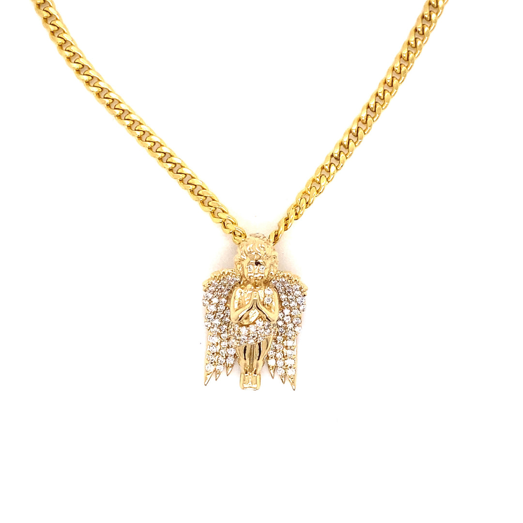 Gold Cuban chain with gold Cherub angel and diamonds.