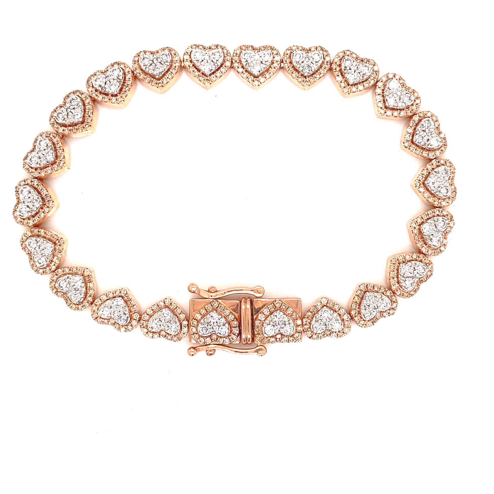 Diamond heart bracelet featuring a secured lock with pressure clasps.