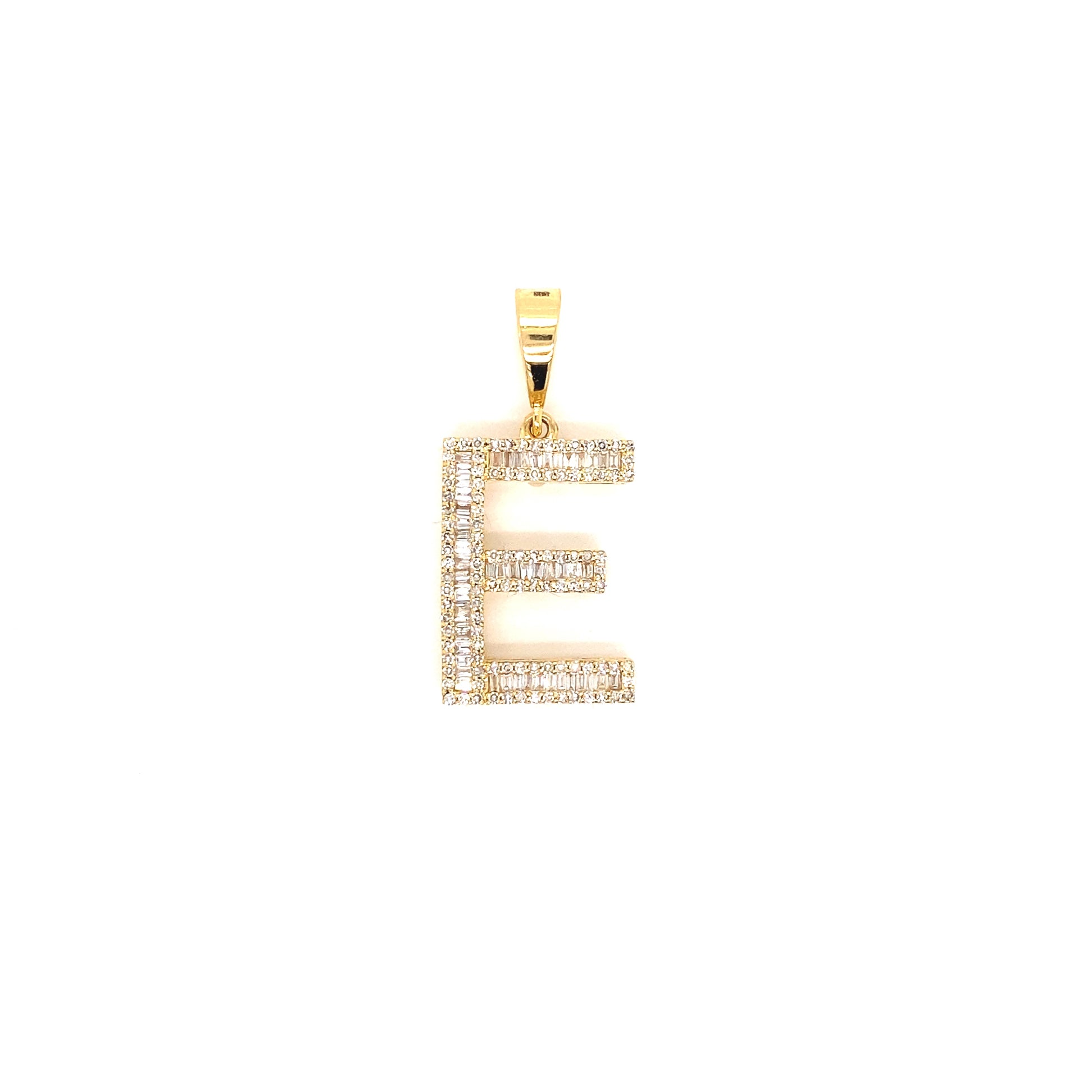 Letter E diamond initial in yellow gold. 