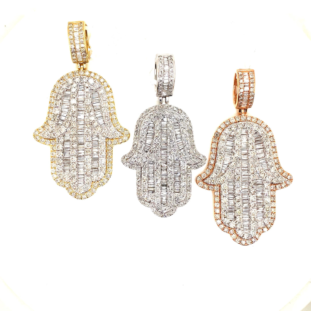 3 jumbo diamond hamsa pendants shown in yellow, white and rose gold.