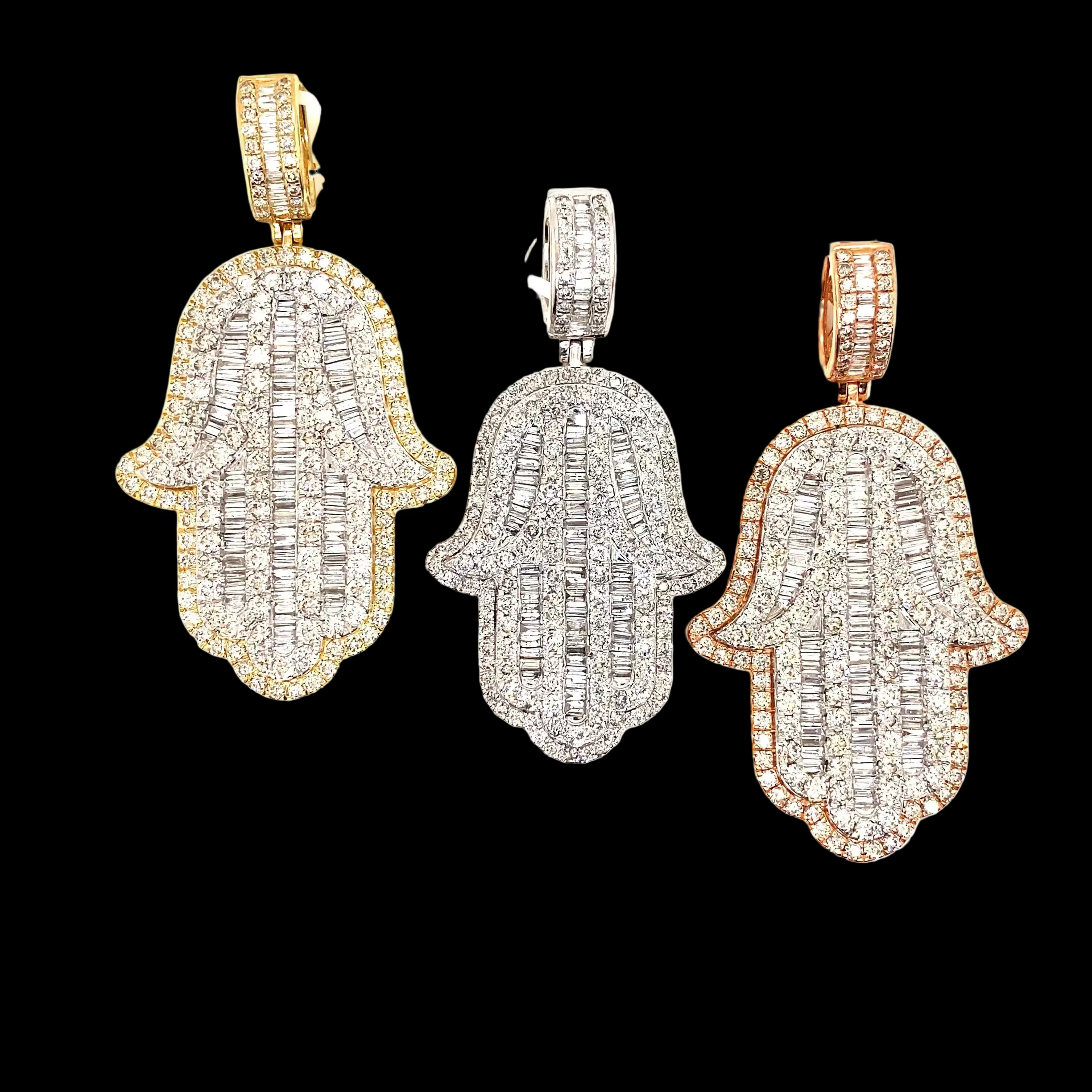 3 jumbo diamond hamsa pendants shown in yellow, white and rose gold.