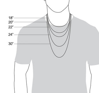 This size chart displays how all of lengths of chains will fall on your neck.