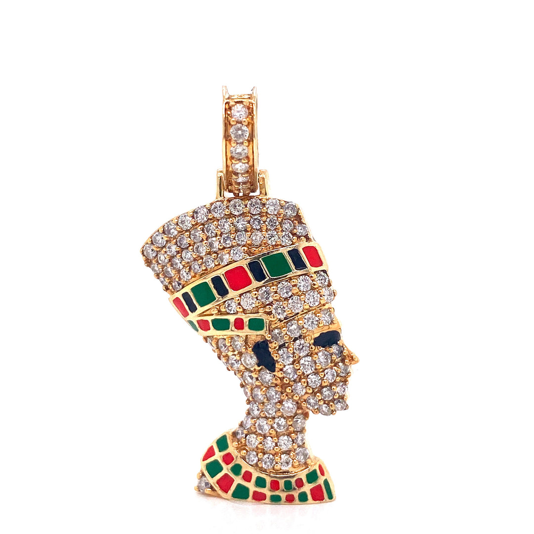 This Egyptian queen pendant is beautifully detailed with VS diamond clarity pave style diamonds. There are small areas of green, black, and red are made of enamel. 