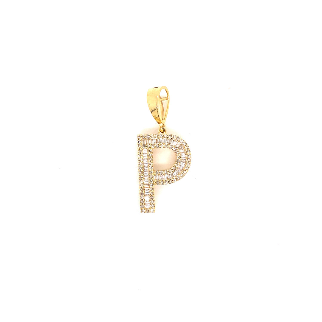 Letter P initial diamond pendant in yellow gold. 