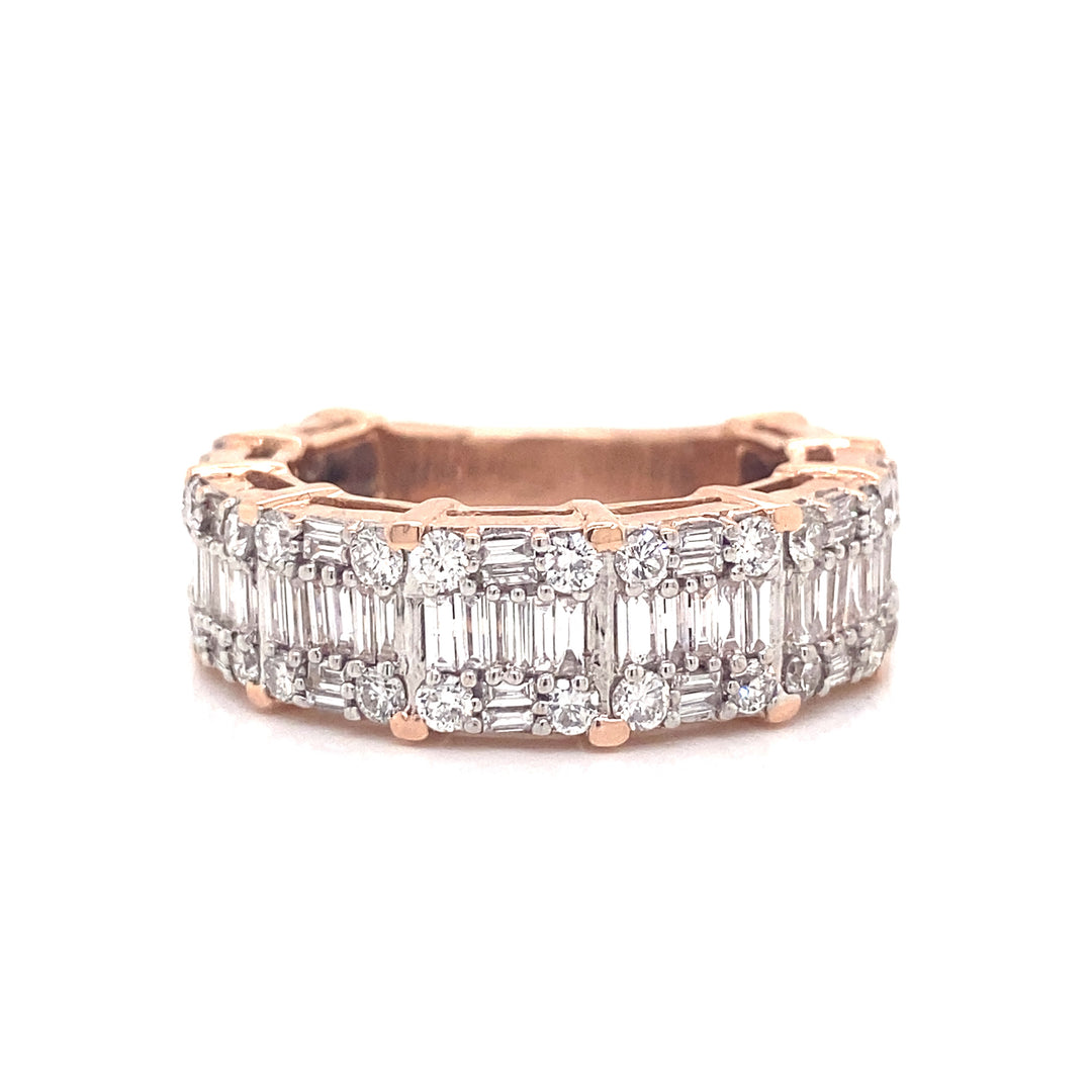 Rose gold and baguette diamond and round-cut diamond band ring.