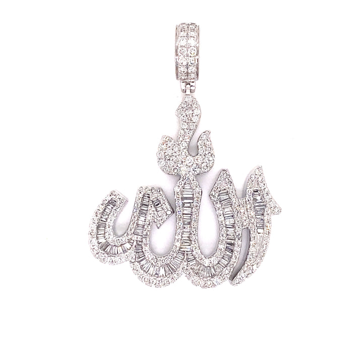 White gold and diamond Allah pendant with round-cut and baguette diamonds.