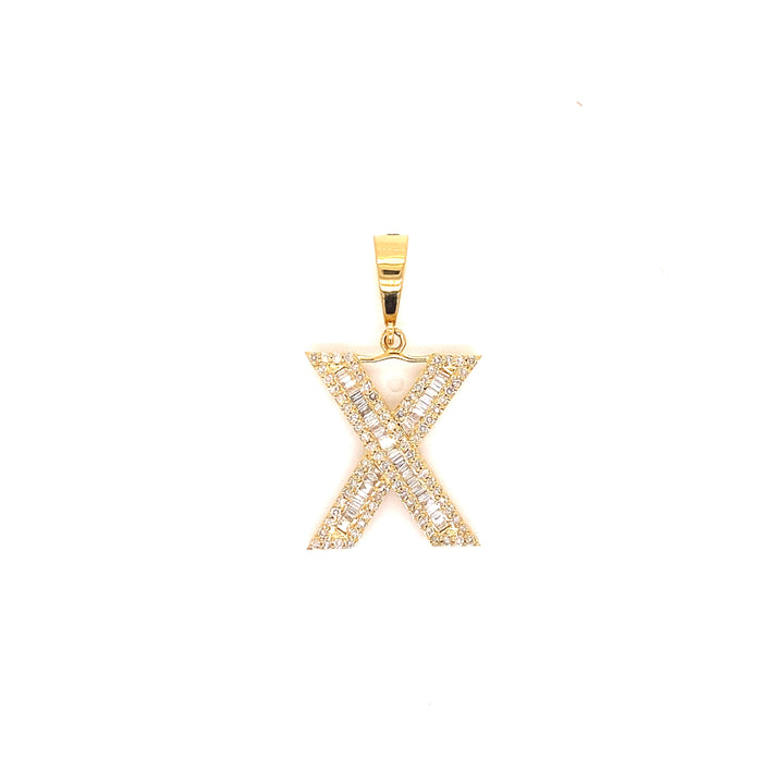 Letter X initial diamond pendant in yellow gold. 